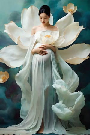 1girl, solo, black hair, bare shoulders, full body, closed eyes, flower, sleeveless, white dress, silk, floating dress, ((pregnant))