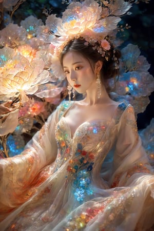 (Masterpiece, Top Quality, Best Quality, Official Art, Beauty and Aesthetic: 1.2), (1girl), Extremely Detailed, (Abstract, Fractal Art: 1.3), Supreme Detailed, Detailed Eyes, Colorful Light Particles, Hanfu, Colorful jewelry, sexy, (nsfw),