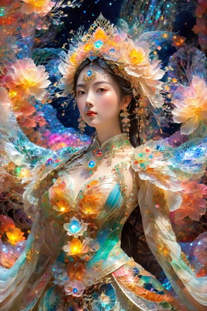 (Masterpiece, Top Quality, Best Quality, Official Art, Beauty and Aesthetic: 1.2), (1girl), Extremely Detailed, (Abstract, Fractal Art: 1.3), Supreme Detailed, Detailed Eyes, Colorful Light Particles, Hanfu, Colorful jewelry, sexy, (nsfw),