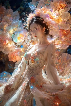 (Masterpiece, Top Quality, Best Quality, Official Art, Beauty and Aesthetic: 1.2), (1girl), Extremely Detailed, (Abstract, Fractal Art: 1.3), Supreme Detailed, Detailed Eyes, Colorful Light Particles, Hanfu, Colorful jewelry, sexy, (nsfw),