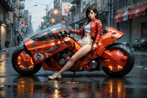 (Realistic, Photorealistic: 1.3), Original, Masterpiece, 16K, High Contrast, (Highest Resolution Illustration), Photorealistic: 1.3, Side Light, ((Exquisite Details and Textures)), Cinematic Shot, Ultra Realistic Photo, Siena Natural Proportions, Full Body View, ((White Short Hair, Bangs)), ((1 Girl on Motorcycle, Starcraft 2 Novaphoto, Wearing Yellow Tight Leather Jacket)), Detailed Face, Abdomen, ((Perfect Details Kaneda Motorcycle)), (AKIRA), Cyberpunk City Night, ((Futuristic)), sprbk