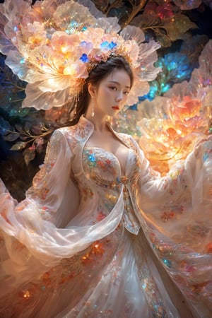 (Masterpiece, Top Quality, Best Quality, Official Art, Beauty and Aesthetic: 1.2), (1girl), Extremely Detailed, (Abstract, Fractal Art: 1.3), Supreme Detailed, Detailed Eyes, Colorful Light Particles, Hanfu, Colorful jewelry, sexy, (nsfw),