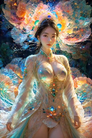 (Masterpiece, Top Quality, Best Quality, Official Art, Beauty and Aesthetic: 1.2), (1girl), Extremely Detailed, (Abstract, Fractal Art: 1.3), Supreme Detailed, Detailed Eyes, Colorful Light Particles, Hanfu, Colorful jewelry, sexy, (nsfw),