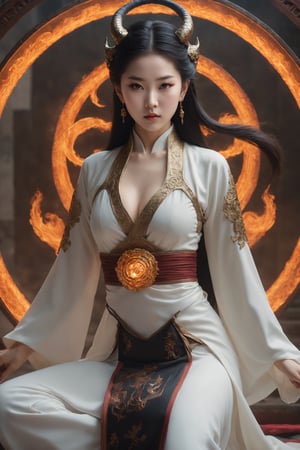 close-up shot with (aerial view):1.8, kneeling pose, look at camera, hyperrealistic, most remarkable elegant demon princess kneeling on a buring magic circle, hanfu:1.25, ethereal glamorous beautiful face, (bright eyes):1.3, (profound facial features):1.32, Chinese girl