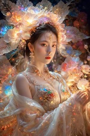 (Masterpiece, Top Quality, Best Quality, Official Art, Beauty and Aesthetic: 1.2), (1girl), Extremely Detailed, (Abstract, Fractal Art: 1.3), Supreme Detailed, Detailed Eyes, Colorful Light Particles, Hanfu, Colorful jewelry, sexy, (nsfw),