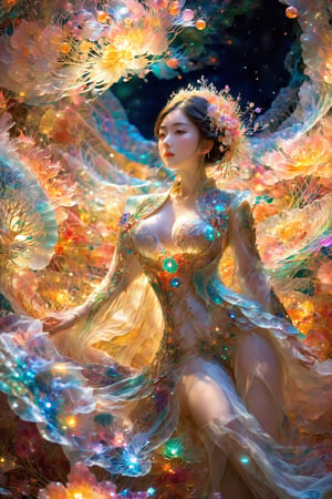 (Masterpiece, Top Quality, Best Quality, Official Art, Beauty and Aesthetic: 1.2), (1girl), Extremely Detailed, (Abstract, Fractal Art: 1.3), Supreme Detailed, Detailed Eyes, Colorful Light Particles, Hanfu, Colorful jewelry, sexy, (nsfw),