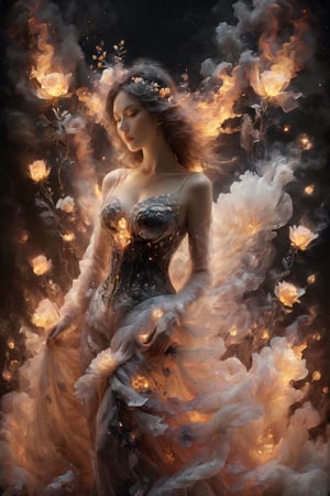Beautiful female, made with black on white smoky layers, floating embers,  surrealism,faize, flowers, 