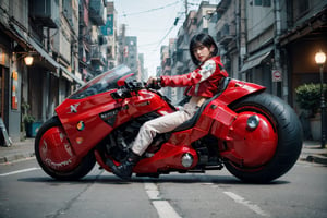 (Realistic, Photorealistic: 1.3), Original, Masterpiece, 16K, High Contrast, (Highest Resolution Illustration), Photorealistic: 1.3, Side Light, ((Exquisite Details and Textures)), Cinematic Shot, Ultra Realistic Photo, Siena Natural Proportions, Full Body View, ((Long White Hair, Bangs)), ((1 Girl on a Blue Motorcycle, Wearing a Tight Red and White Leather Jacket)), Detailed Face, Abdomen, ((Kaneda Motorcycle in Perfect Detail)), (AKIRA), Cyberpunk City at Night, ((Futuristic)), sprbk