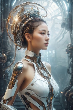 Digital Art, Surreal Art Style, Portraying the fusion of human and machine elements in the form of a bride, Surreal and otherworldly ambiance, High Resolution, (cyborg bride:1.2), (surreal art style:1.15), (fusion of human and machine:1.18), (surreal portrayal:1.12), (otherworldly ambiance:1.16), (mechanical composition:1.2), (ethereal atmosphere:1.18), (high resolution:1.15), (captivating details:1.12), (surrealistic presence:1.16), (cybernetic beauty:1.18)