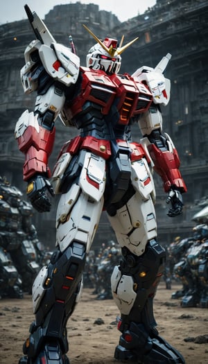 Best quality, original photos,
(Red, white and black Gundam and Boy: 1.2), strong body
The male officer standing at the front,
Behind it stands a red, blue and yellow heavy armored combat robot.
Huge, cybertoid, watch cam, full body, bold lines, very detailed,
(real: 1.4), (internal illumination: 1.4) (fractal: 0.1),
white, sharp focus, masterpiece, high quality,
Shallow depth of field detailed background,
The background is a blurry science fiction scene,
convey depth and complexity