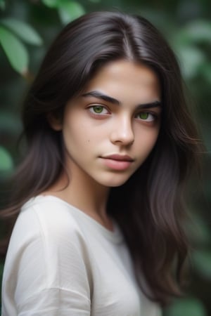 create a girl with Thai, Israeli, and German heritage. dark slightly wavy hair and shoulder length. green eyes and full lips. thick eyebrows. realistic. use Kodak 400. only one image. 