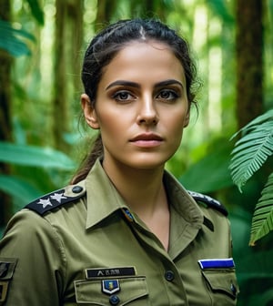 portrait of an beautiful Israeli and German woman in military uniform, in lush rainforest, bold and energetic colors, Nikon D850, 85mm lens, ((Nature theme)), (masterpiece), ((ultra detailed)), (highly detailed CG illustration), (deadpan), (best quality: 1.2), texture of high quality, intricate details, detailed texture, high quality shadow, cinematic light