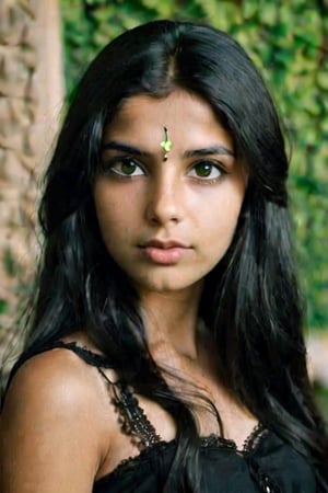 create a girl in a black dress.  make this image look realistic using a Kodak 400 film.  she has long dark hair. full lips, green eyes. she is beautiful. heritage is Indian, swedish. 