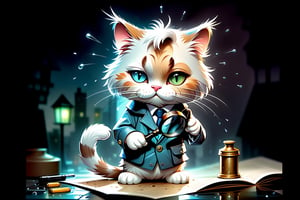 ""Stunning portrait of a cute adorable chibi fluffy cat as a detective holding a magnifier glass, solving crimes" in the dark night, Rain, a highly intricate and elaborate hyperdetailed matte painting. by Ismail Inceoglu, Dino Tomic, Huang Guangjian, Even Amundsen, Enki Bilal, Alejandro Burdisio and Jean-Baptiste Monge, album cover art, poster art"