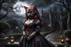 female anthropomorphic furry black cat-human, red hair, mystic atmosphere, magical scenery, gothic style tabaxi khajiit