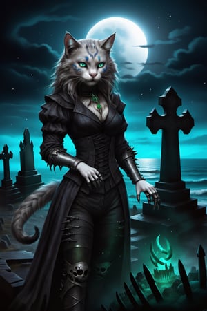 A gothic anthropomorphic cat-human, blue fur, green eyes, paws with iron claws, mystical dark graveyard with ruins at the ocean, moonlight, magical atmosphere,LegendDarkFantasy