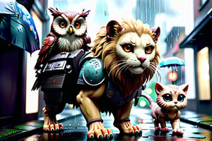  a lion a cat an owl and a ferret walking through a rainy city, antropomorph humanlike, cinematic fairy tale photography, hyperrealistic, unreal, surreal, rainy, foliage, scary beautiful Epic cinematic brilliant stunning intricate meticulously detailed dramatic atmospheric maximalist digital matte painting steampunk engine cyberpunk 2099 blade runner 2049 neon 3D Game Cinematic Feel, Epic 3D Videogame Graphics, Intricately Detailed, 8K Resolution, Dynamic Lighting, Unreal Engine 5, CryEngine, Trending on ArtStation, HDR, 3D Masterpiece, Unity Render, Perfect Composition