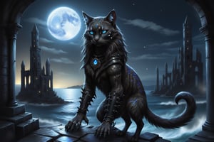 A gothic anthropomorphic cat-human,  black fur,  blue eyes,  paws with iron claws,  mystical dark ruins at the ocean,  moonlight,  magical atmosphere, city lights glint off its sleek, LegendDarkFantasy