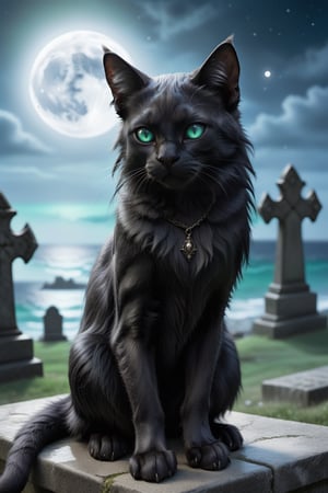 A gothic anthropomorphic black cat-human, blue fur, green eyes, mystical dark graveyard with ruins at the ocean, moonlight, magical atmosphere