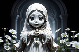 Eerie atmosphere, Cute adorable friendly chibified ghost, flowers, ethereal, cinematic by Tsutomu Nihei, Emil Melmoth, Gustave Dore, Craig Mullins, Yoji shinkawa, Luis Royo, zaha hadid, Pete morbacher, hyper detailed, raytrace, Unreal Engine 5, Zbrush, trending_on_artstation, CGsociety, beautifully lit, glow, cinematic, soft light, photorealistic; volumetric; fibonacci; fractal; glossy; cgi; photo-bash, 8k masterpiece; beautiful background,ghost person