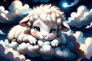 Cute adorable fluffy lamb asleep on a cloud in the sky, extreme detail, intricate motifs, gorgeous eyes, night background, deep depth of field, bright dramatic lighting, Ray Tracing, Yoshikata Amano, Edwin Landseer, Russ Mills, Victo Ngai, perfect composition, sharp focus,zhibi