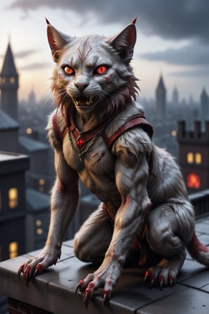 A gothic anthropomorphic cat-human with fur as red as blood and eyes as yellow as fire crouches on a rooftop, its sharp fangs bared as it prepares to pounce on its unsuspecting prey below. The city lights glint off its sleek, metallic claws, giving it an otherworldly appearance.