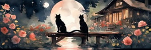 Rendering, splash ink, rich colors, dark background, long-haired cat, full moon, rose garden in front of the cabin by the lake, high detail, ultra-delicate
