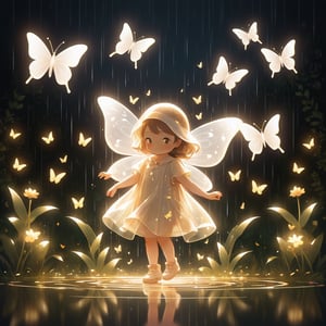 In a real garden where it rains late at night, there is a little girl dancing in an illustration style with a translucent white silhouette and a touch of white lines. A few butterflies are drawn with slightly shiny thin golden lines. High quality, high drawing. quality, high quality, bokeh, professional photography
