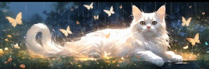 In the garden where it rains late at night, there is a long-haired cat running, translucent white outline and white line illustration style, several butterflies are drawn with the feeling of light golden lines, emitting a faint light, high quality, painting High quality, high texture, background blur, professional photography
,glass shiny style
