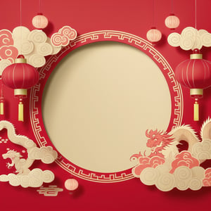 Empty Chinese New Year greeting card template, red background with pastel theme, light yellow paper with light pink pattern in the middle, 1 oriental dragon, Chinese cirrus clouds, small red lanterns, no words
