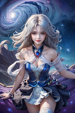 ((masterpiece)), (((best quality))), ((ultra-detailed)), ((illustration)), ((disheveled hair)), beautiful detailed eyes, (1girl:1.2),(solo), dynamic angle, dark magician girl,(black kneehighs:1.1),(starry tornado:1.4), starry Nebula, ((frills)), beautiful detailed sky, beautiful detailed eyes,evil smile, expressionless,hairs between eyes,  white  hair,pleated skirt,((disreveled hair))