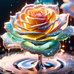 The soft-colored transparent liquid splashes into the Iridescent Organza reflective liquid and the fluid lace texture forms a rose. High transparency, high details, delicate light and shadow, high texture, high quality, dark background, bokeh, professional panoramic shooting

