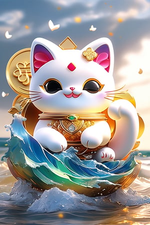 There are U.S. dollars, jewelry, diamonds, gold coins, and many white, colorful, exquisite and cute three-dimensional lucky cats in the waves and in the air. The colors are rich.
