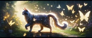 In the garden where it rains late at night, there is a long-haired cat running with a translucent white silhouette and white line illustration style, and several butterflies are drawn with a golden line feeling that emits faint light, high quality, high image quality, high texture, scattered scenery, professional photography
