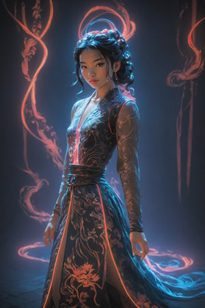 young woman, 18 years old, mulan style , neon light dragon background,  dress illuminates her body in shadow, , upper body covered in dark shadows, full body, raw hand drawn style, cinematic, photo,(best quality, dragon-themed,shibari,rope