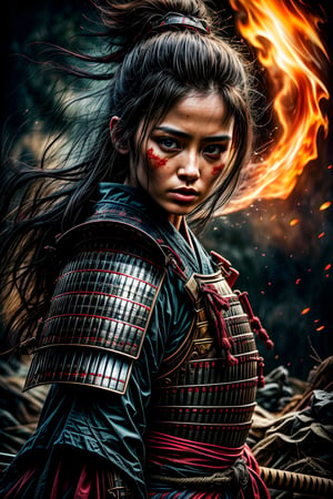 Female samurai, charming eyes, sexy lips, long hair, cool face, huge_breast, sideways, bright blue samurai armour, swinging samurai sword, battle_stance, full_body, canon shelling, explorsion, flames, pirate ship on fire, bright lights, on the sea, sharp focus, perfect shading, masterpiece, best quality, extremely detailed, highres, photorealistic, hand,fingers,oil painting