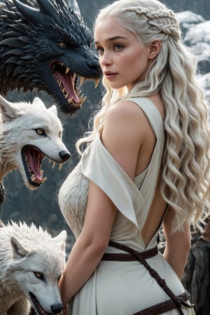 Daenerys with Dragons and 1 White Wolf