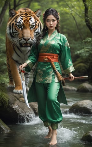  A female warrior in green traditional Japanese Jade suit, emerald nature accessories, graceful stance, holding tiger patterned jian, mesmerizing eyes, foot edge lightened by vibrant green wind, epic water and earth and wood bending shot, Chicano art, super high detail --ar 2:3 --niji 5 