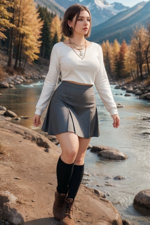 best quality 4k, vivid colors, unreal engine, 3D image detailed, ultra realistic, full frame, 30 year old, hot curvy body, long-sleeved clothes, necklace, earring, skirt, knee shoes, short hair, boot shoes, mountain river, chubby body