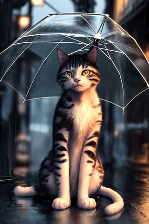 (best quality, masterpiece, ultra detailed, 8K, RAW photo), A beautiful cat sitting very sad stage in the rainy street, detailed, detailed, sharp focus, photo, very detailed, colorful,3D Cartoon Style