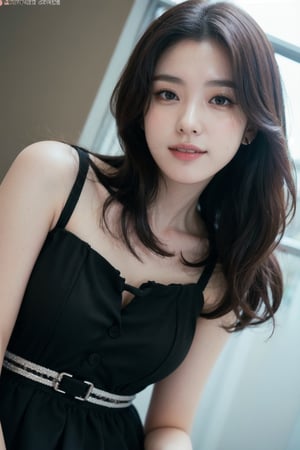 Best quality, raw photo, photorealism, lifelike rendering, (upper body portrait:1.2), photo of beautiful korean woman, mid-twenty, kpop idol, stunning, medium dark brown hair, double eyelids, dark brown eyes, natural saggy large breasts, pale skin, daily outfit, chiffon dress, sharp focus, faint smile, gazing at viewer, from below, (full body focus), detailed eyes and facial, detailed real skin texture, detailed fabric rendering, natural soft daylight, ray tracing,Extremely Realistic