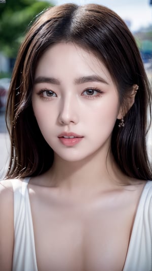 1Best quality, raw photo, photorealism, lifelike rendering, (upper body portrait:1.2), photo of beautiful korean woman, mid-twenty, k-pop idol, stunning, medium dark brown hair, double eyelids, dark brown eyes, natural saggy large breasts, pale skin, daily outfit, chiffon dress, sharp focus, faint smile, gazing at viewer, from below, (full body focus), detailed eyes and facial, detailed real skin texture, detailed fabric rendering, natural soft daylight, ray tracing,korean girl, JeeSoo ,Ava, masterpiece, best quality, photorealistic, high resolution, 8K raw photo) opsional