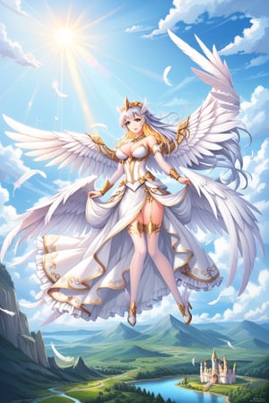 A female celestial being with long silver hair floating in the sky, surrounded by large white wings with detailed feathers. She wears an elegant white dress with shiny gold trim. Her eyes are golden and reflect the light of the sky. The scene has an ethereal background of a light blue sky with soft clouds, where castles can be seen in the distance. Her flight is light and majestic, with the sunlight reflecting off her wings and dress, giving a sense of divinity and serenity. Soft lighting with golden highlights on her skin and wings to highlight the angelic atmosphere.