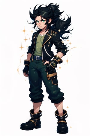 Full body, male teenager looking forward, black hair, with ponytail, green eyes, wearing a green jacket with black and gold touches, underneath a white shirt, black fingerless gloves, blue jeans, brown boots with military touches.,sora \(kingdom hearts\)