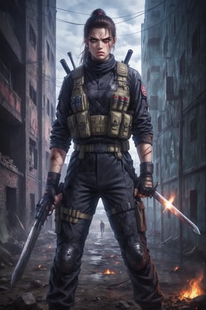 A ninja in an aggressive stance, dressed in a tight red and black suit, armed with sharp guns and swords, looks directly at the viewer with an intimidating expression, while around him lies a combat field full of wounded SWAT agents with fatal cuts on their tactical suits, in a gloomy, post-apocalyptic setting, full of tension.