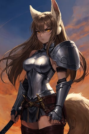 A tough and serious-looking fox girl with sharp, focused yellow eyes and sleek, medium-length brown hair, partially tied back to reveal her fox-like ears. Her expression exudes confidence and a battle-hardened demeanor, with a subtle intensity in her gaze. She wears intricate battle armor that fits snugly to her athletic, agile frame, featuring detailed plates and padding designed for both mobility and protection. The armor, adorned with silver and bronze accents, has scratches and signs of wear, indicating countless battles fought.

Strapped across her back is a long, sleek sword encased in a sturdy, black leather sheath with silver engravings, its hilt visible just above her shoulder, ready to be drawn at any moment. Her tail, thick and bushy, sways behind her, adding to her imposing presence. She stands confidently, prepared for battle, with her armor gleaming in the light and a readiness to defend or strike, if necessary.

Her stance and overall appearance suggest a warrior with experience and skill, combining her fox-like agility with the durability and resilience of a seasoned fighter.