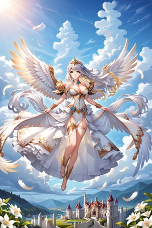 A female celestial being with long silver hair floating in the sky, surrounded by large white wings with detailed feathers. She wears an elegant white dress with shiny gold trim. Her eyes are golden and reflect the light of the sky. The scene has an ethereal background of a light blue sky with soft clouds, where castles can be seen in the distance. Her flight is light and majestic, with the sunlight reflecting off her wings and dress, giving a sense of divinity and serenity. Soft lighting with golden highlights on her skin and wings to highlight the angelic atmosphere.