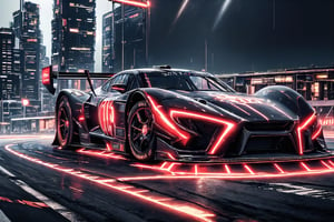 (best quality, 4k, 8k, highres, masterpiece:1.5), ultra-detailed, highly realistic, futuristic race car, sleek red body with sharp lines and angular design, large black wheels with detailed tread patterns, glowing accents on the wheels, metallic textures, aerodynamic shape, sharp front nose, glowing blue cockpit canopy, futuristic exhaust pipes, advanced high-tech suspension system. The car is speeding down a detailed futuristic race track, with neon lights, glowing lines on the road, and metallic skyscrapers in the background. High-resolution reflections on the car’s surface, detailed light and shadow effects, and vivid colors, set in a high-speed environment with dynamic motion effects. Futuristic cityscape in the distance with metallic structures and holographic billboards.