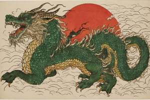 Japanese dragon flying through the skies, green in color, its scales are emerald, black eyes with red pupils, elongated, horns.,shards