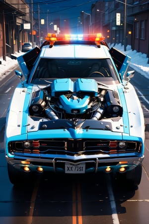 Futuristic 1970 Dodge Charger R/T car with the hood open showing its engine with neon lights in a police chase, detailed, HD resolution, realistic.